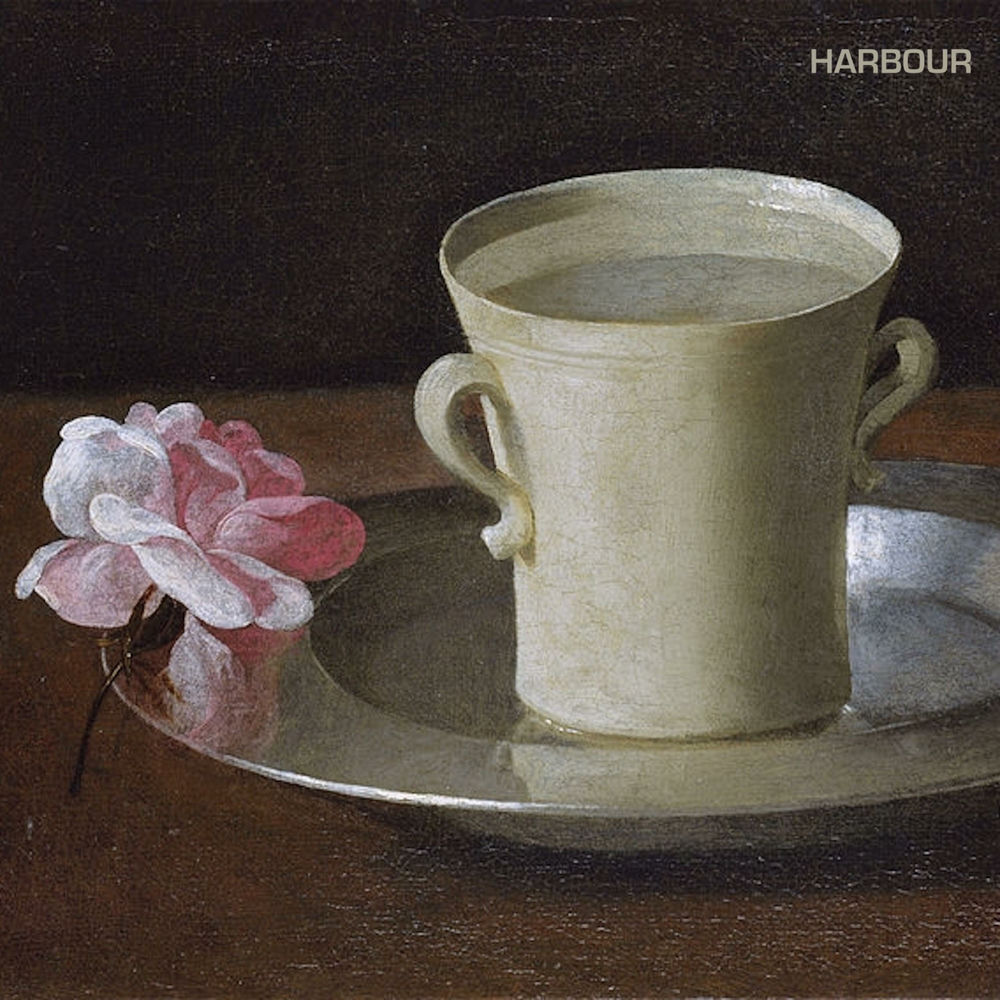 A cup of water and a rose on a silver plate by HARBOUR